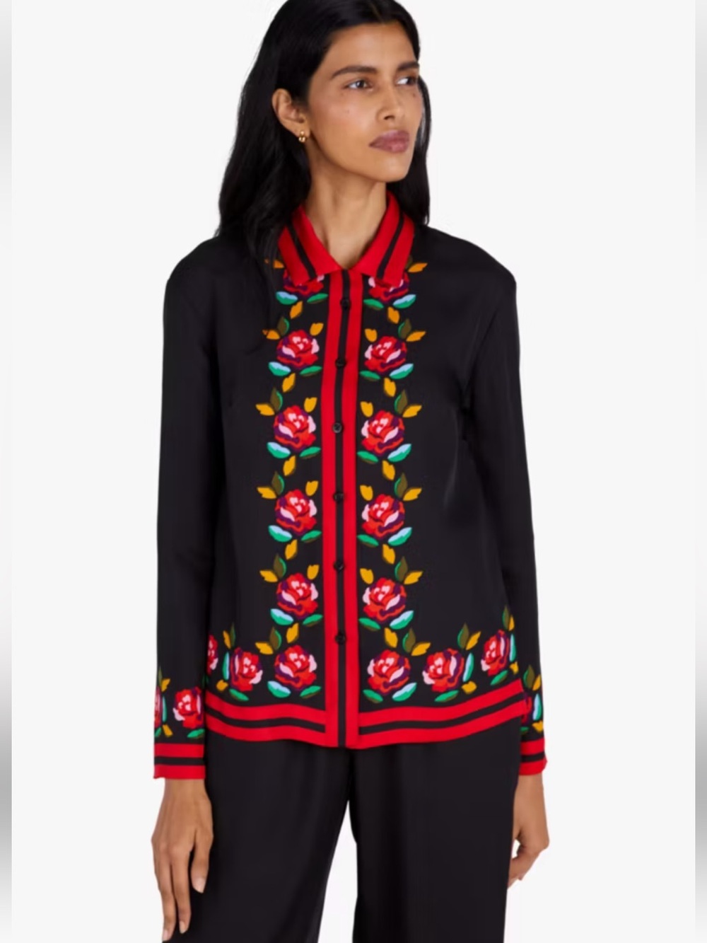 Kate Spade Womens Silk Blend Shirt Floral Black Red Long Sleeve Feminine XL